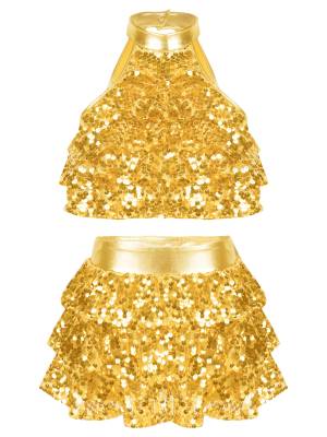 Kids Girls Sequin Backless Crop Top and Skirt Jazz Dance Sets front image