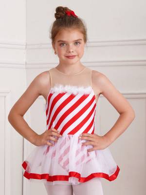 Kids Girls Christmas Sleeveless Bowknot Stripe Mesh Tutu Dress front image