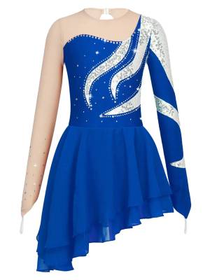 Kids Girls Long Sleeve Sequin Hollow Back Skating Dance Dress front image