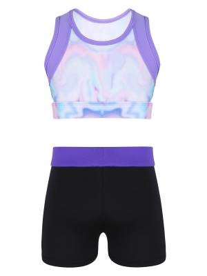 Kids Girls 2pcs Sleeveless Tie-Dye Crop Top with Shorts Sports Set front image