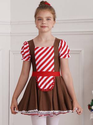 Kids Girls Christmas Short Puff Sleeve Stripe Tutu Dress Gingerbread Man Costume front image