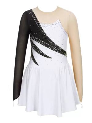 Kids Girls Long Sleeve Shiny Rhinestone Ruffle Skating Dance Dress