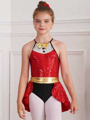 Kids Girls Christmas Halter Neck Sleeveless Bowknot Sequins Leotard