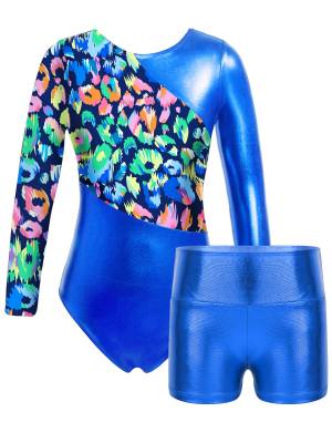 Kids Girls Long Sleeve Printed Patchwork Leotard with Shorts Sport Set