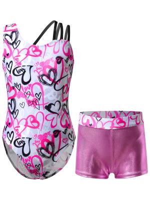 Kids Girls Asymmetric Shoulder Leotard with Shorts Gymnastic Set front image