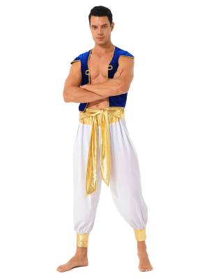 Men 2pcs Arabian Prince Costume Cap Sleeve Vest and Pants Set front image