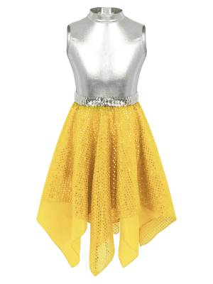 Kids Girls Sleeveless Metallic Sequins Asymmetrical Lyrical Dance Dress