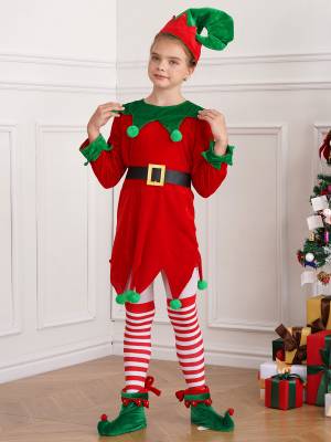 Kids 5pcs Christmas Long Sleeve Dress with Belt Stockings Shoes Elf Costume front image