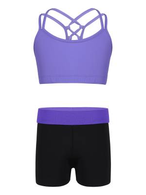 Kids Girls 2pcs Solid Color Strappy Crop Top and Shorts Sports Set front image