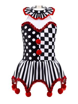 Kids Girls Circus Clown Costume Sleeveless Plaid Polka Dots Dress
