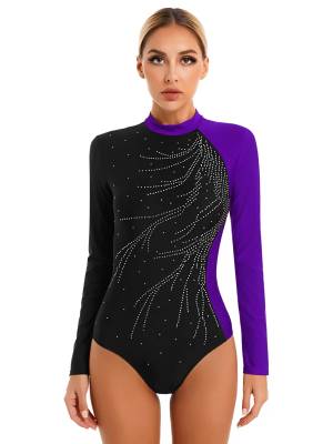 Women Long Sleeve Glitter Rhinestone Gymnastics Leotard front image