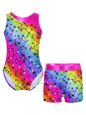 Kids Girls 2pcs Unicorn Rainbow Printed Gymnastics Dance Sets front image