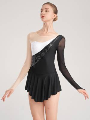 Women Sparkling Rhinestone Long Sleeve Figure Skating Leotard Dress front image