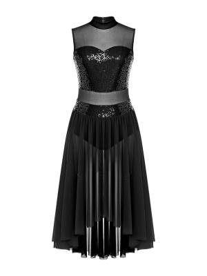 Women Sparkly Sequins Backless Dress Lyrical Dance Leotard Dress