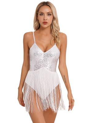 Women Straps Sequins Fringed Latin Dance Leotard