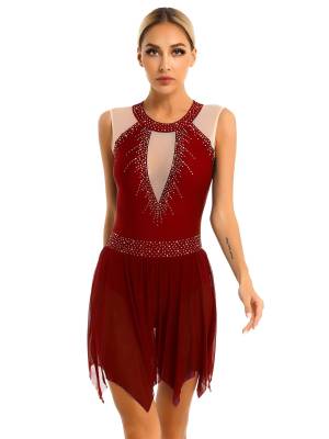 Women Glitter Rhinestone Sleeveless Figure Skating Leotard Dress