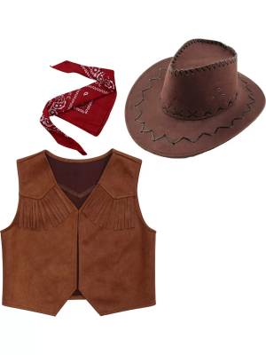 Kids Boys 3pcs Western Cowboy Vest with Bandanna and Hat Halloween Set