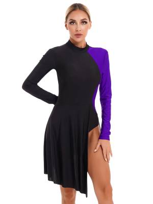 Women Color Block Long Sleeve Lyrical Dance Leotard Dress