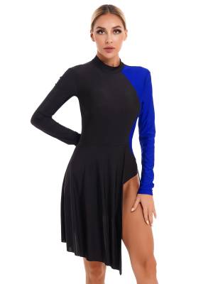 Women Color Block Long Sleeve Lyrical Dance Leotard Dress front image