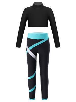 Kids Girls 2pcs Long Sleeves Crop Top and Colorblock Leggings Sports Set