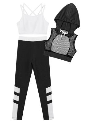 Kids Girls 3Pcs Camisole Mesh Hooded Crop Top and Pants Sport Sets