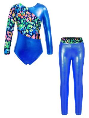 Kids Girls 2pcs Long Sleeve Leotard with Metallic Shiny Leggings Sets front image