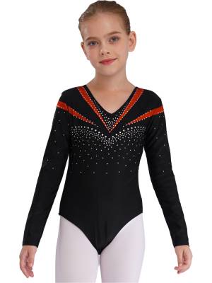 Kids Girls Long Sleeve V Neck Rhinestone Gymnastic Leotard front image