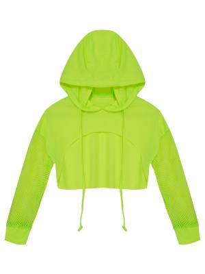 Kids Girls Drawstring Hooded Crop Top Mesh Sleeve Hoodie front image