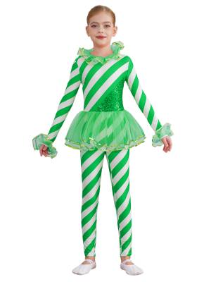 Kids Girls Christmas Long Sleeve Sequin Stripe Mesh Jumpsuit front image