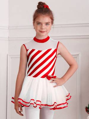 Kids Girls Christmas Sleeveless Bow Stripe Tulle Tutu Dress front image