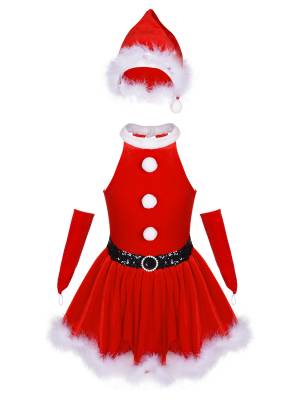 Kids Girls Christmas Sleeveless Velvet A-line Dress with Santa Hat and Gloves front image