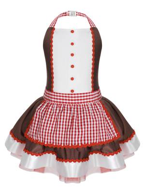 Kids Girls Halter Neck Christmas Gingerbread Dress with Removable Apron