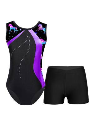 Kids Girls 2pcs Sleeveless Gymnastics Leotard with Shorts Set