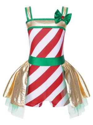 Kids Girls Christmas Sleeveless Striped Bow Metallic Ruffle Skirt Romper front image