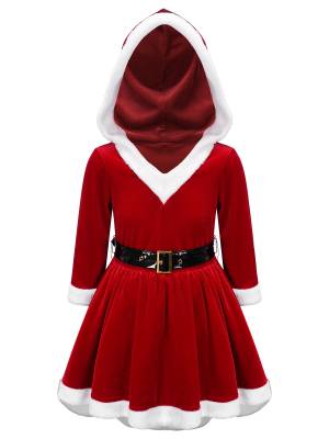 Kids Girls Christmas Long Sleeve Hooded Velvet Dress with Belt front image