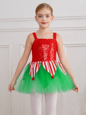 Kids Girls Christmas Sleeveless Jagged Pompoms Tulle Tutu Dress for Dance front image