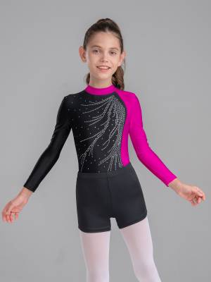Kids Girls 2Pcs Long Sleeve Skating Leotard and Shorts Set