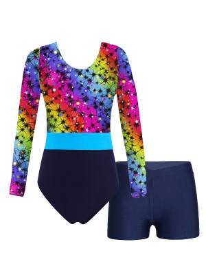 Girls 2pcs Long Sleeve Round Neck Leotard and Shorts Gymnastics Set front image