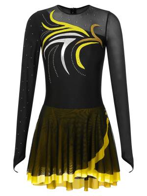 Women Glitter Rhinestone Long Sleeve Skating Dress front image