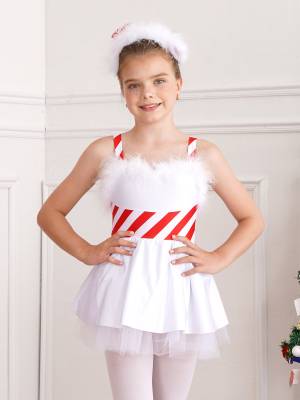 Kids Girls Christmas Feather Striped Sleeveless Tulle Dress with Santa Hat front image