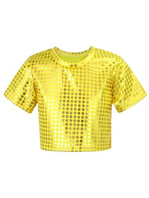 Kids Short Sleeve Round Neckline Shiny Sequins Jazz Dance Crop Top