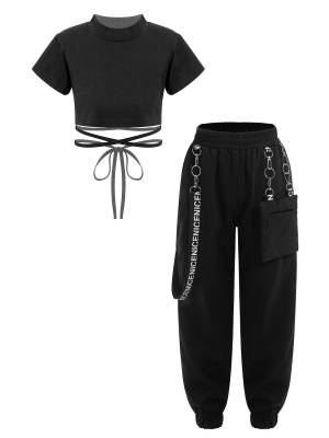Kids Girls 2pcs Sports Set Short Sleeve Crop Top and Pants front image