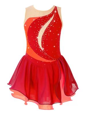 Kids Girls Sleeveless Shiny Rhinestone Ruffle Skating Dance Dress