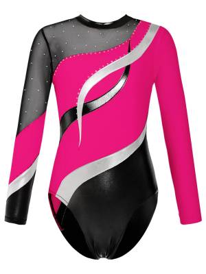 Kids Girls Long Sleeve Hollow Back Shiny Rhinestone Dance Leotard