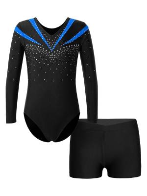 Kids Girls 2pcs Long Sleeve Slim Fit Leotard and Shorts Gymnastics Set