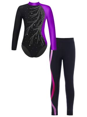 Kids Girls 2pcs Long Sleeve Rhinestones Leotard and Legging Pants Dance Set front image