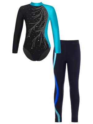 Kids Girls 2pcs Long Sleeve Rhinestones Leotard and Legging Pants Dance Set front image