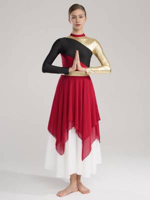 Women Color Block Long Sleeve High Low Praise Dance Dress(no white underdress) front image