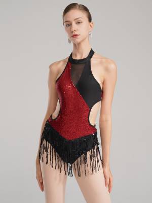 Women Sparkling Sequin Color Block Tassel Latin Dance Leotard front image