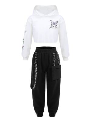 Kids Girls 2pcs Butterfly Printed Cropped Hoodies and Pants Sets front image